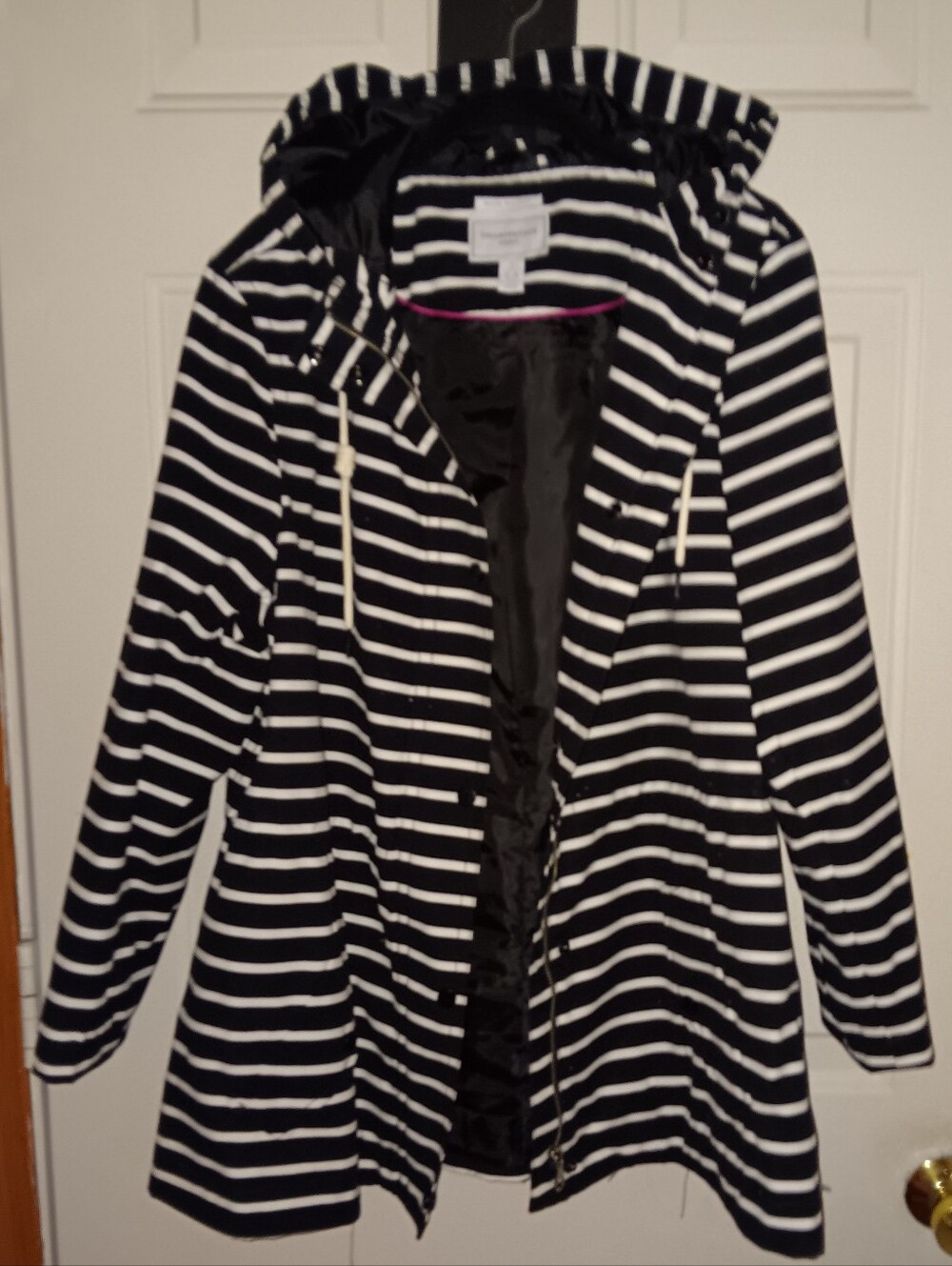 Charter Club Black & White Striped Water-Resistant, Hooded Rain Jacket